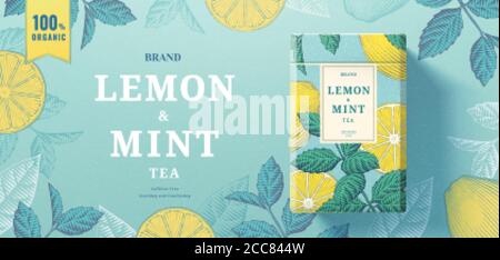 Lemon mint tea paper can packaging lying on exquisite engraving banner background, 3d illustration Stock Vector