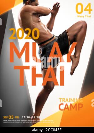 Muay Thai training camp poster design with geometric frame, realistic 3d illustration man doing flying knee Stock Vector