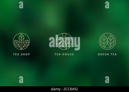 Natural thin line style green leaves round labels, logo design set on bokeh background Stock Vector