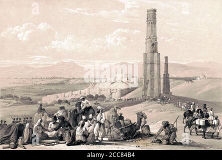 Afghanistan: 'The fortress and citadel of Ghuznee and the two minars', a lithograph by Louis Haghe (1806 - 1885) from an original sketch by James Atkinson (1780 - 1852). From Sketches in Afghaunistan, originally published in 1842. The First Anglo-Afghan War was fought between British India and Afghanistan from 1839 to 1842. It was one of the first major conflicts during the Great Game, the 19th century competition for power and influence in Central Asia between the United Kingdom and Russia, and also marked one of the worst setbacks inflicted on British power in the region after the consolidat Stock Photo