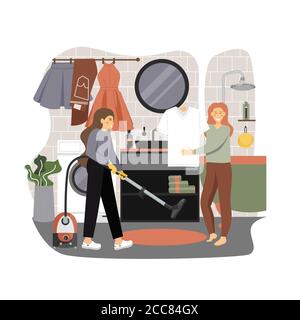 Cleaning ladies doing laundry, vacuuming carpet, cleaning house, vector flat illustration Stock Vector