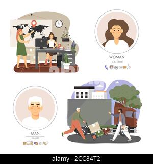 Delivery service people cartoon character set, flat vector illustration. Shipping, logistics, transportation. Stock Vector