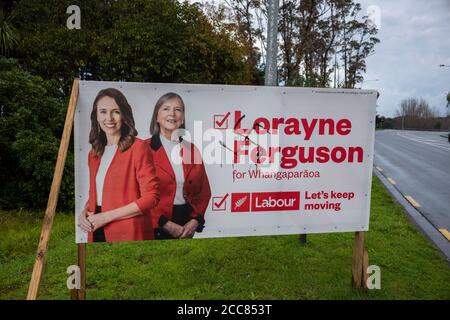 Defaced Labour party Billboard featuring Labour leader and Prime Minister Jacinda Ardern and local candidate Lorayne Ferguson in Whangaparaoa north of