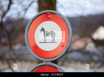 red and white horses prohibition sign in front of blurred background Stock Photo