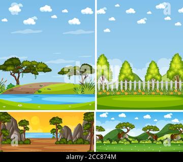 Four background different nature scenes with green trees in different times illustration Stock Vector