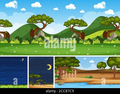 Four background different nature scenes with green trees in different times illustration Stock Vector