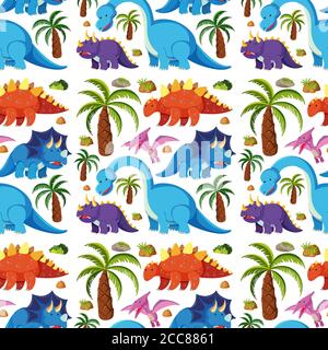 Seamless cute dinosaurs isolated on white background illustration Stock Vector