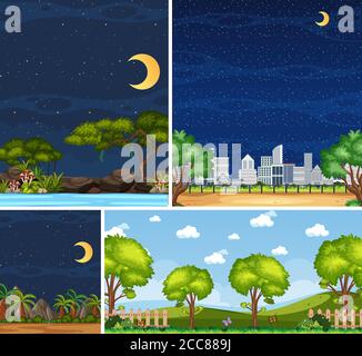 Four background different nature scenes with green trees in different times illustration Stock Vector