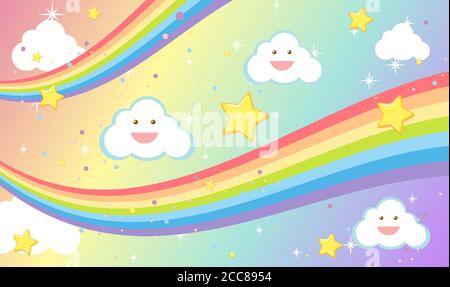 Rainbow with smiley cloud on blank rainbow pastel background illustration Stock Vector