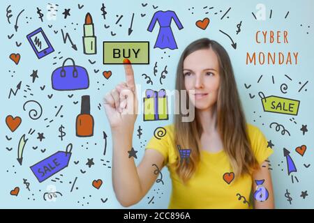 Online shopping concept. Woman touching button Buy on virtual screen with illustration doodles. Cyber monday concept and lettering. Yellow, blue, red Stock Photo