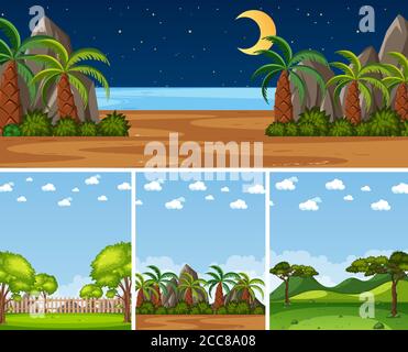 Four background different nature scenes with green trees in different times illustration Stock Vector
