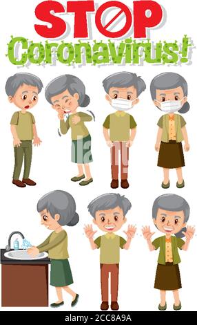 Stop coronavirus logo with set of old people in different actions in coronavirus theme illustration Stock Vector