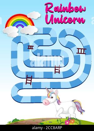 Rainbow unicorn board game template for preschool kids illustration Stock Vector
