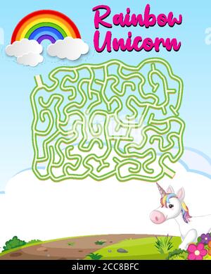 Maze board game with rainbow unicorn logo illustration Stock Vector