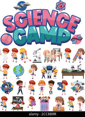 Science camp logo and set of children with education objects isolated illustration Stock Vector