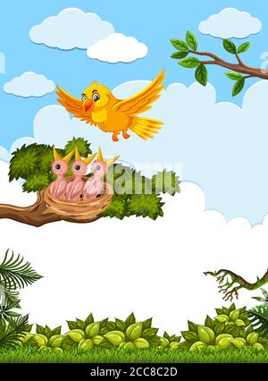 Chicks and its mother bird in nature illustration Stock Vector