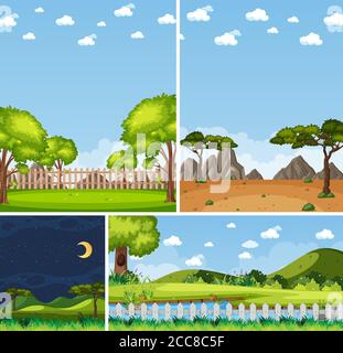 Four background different nature scenes with green trees in different times illustration Stock Vector