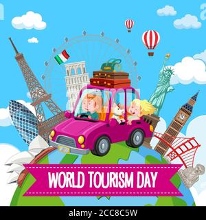 World tourism day logo with couple tourist and famous tourist landmarks elements illustration Stock Vector