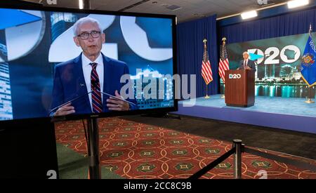 August 19, 2020; Milwaukee, WI, USA; Wisconsin Gov. Tony Evers speaks during the Democratic National Convention at the Wisconsin Center.Mandatory Credit: Mark Hoffman/Milwaukee Journal Sentinel via USA TODAY NETWORK via CNP | usage worldwide Stock Photo