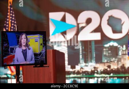 August 19, 2020; Milwaukee, WI, USA; A video feed of United States Senator Kamala Harris (Democrat of California) is shown after Wisconsin Gov. Tony Evers spoke during the Democratic National Convention at the Wisconsin Center. Mandatory Credit: Mark Hoffman/Milwaukee Journal Sentinel via USA TODAY NETWORK via CNP | usage worldwide Stock Photo