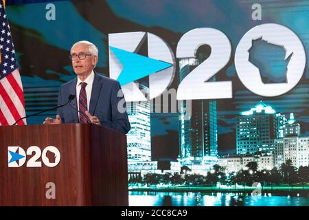 August 19, 2020; Milwaukee, WI, USA; Wisconsin Gov. Tony Evers speaks during the Democratic National Convention at the Wisconsin Center. Mandatory Credit: Mark Hoffman/Milwaukee Journal Sentinel via USA TODAY NETWORK via CNP | usage worldwide Stock Photo