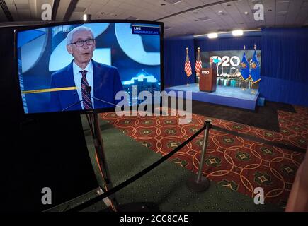 August 19, 2020; Milwaukee, WI, USA; Wisconsin Gov. Tony Evers speaks during the Democratic National Convention at the Wisconsin Center. Mandatory Credit: Mark Hoffman/Milwaukee Journal Sentinel via USA TODAY NETWORK via CNP | usage worldwide Stock Photo