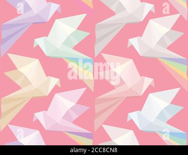 Seamless texture with multi colored origami doves on a pink background. Vector background for your creativity Stock Vector