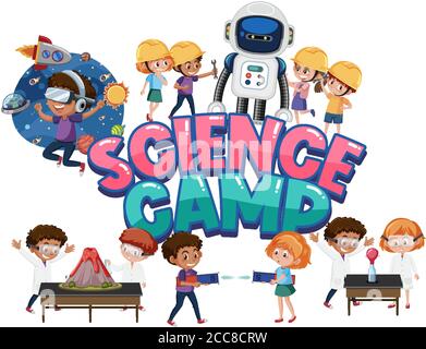 Science camp logo and set of children with education objects isolated illustration Stock Vector