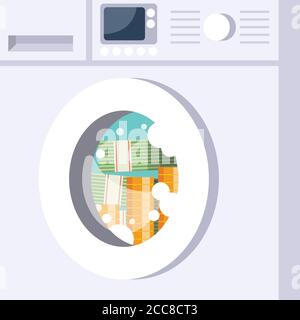 Laundering money by Washing machine. Business corruption concept. Vector illustration Stock Vector