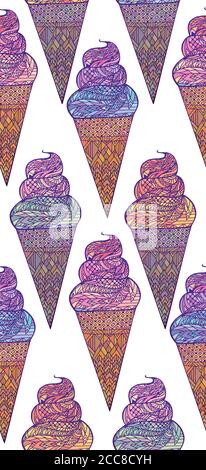 Seamless texture with a multicolor pattern of an ice cream cone with  boho pattern. Vector doodle pattern for fabrics, wallpaper and your creativity Stock Vector