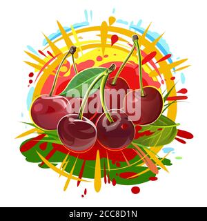 Cherries. The cherry is ripe, juicy. Summer berry. Sunbeams and splashes of juice. Vector isolated on white background. Red berries with leaves. Stock Vector