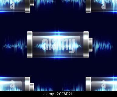 Seamless texture with batteries with electric charge, resonance, pulse. Vector pattern for your creativity Stock Vector