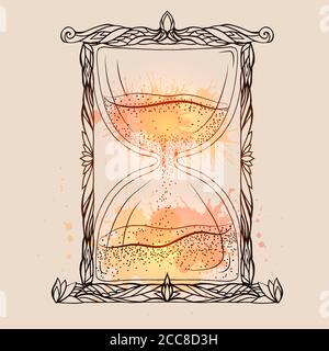 Illustration of an hourglass with a doodle pattern and watercolor spray. Vector element for printing on T-shirts, phone cases, postcards, sketch of ta Stock Vector