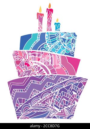 Greeting card with coloring cake decorated with a boho pattern. Vector card for your design Stock Vector