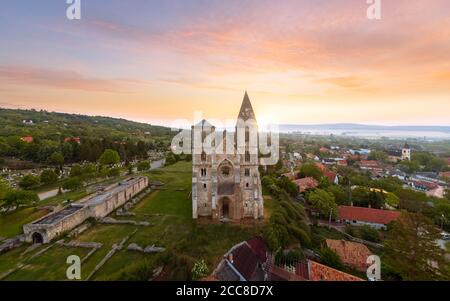 Amazing aerial photo about the Premontre Monastery. This is a church ruin in Zsambek city Hungary. Built in 1220-1234.  Roman and gotchic style. Destr Stock Photo