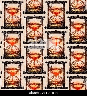Seamless magical texture with an hourglass with a boho pattern and watercolor spray. Vector pattern for wallpaper, wrappers and your design Stock Vector