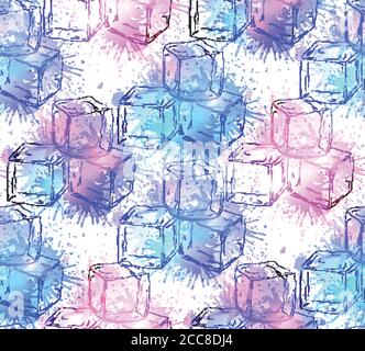 Seamless texture with hand drawn ice cubes and watercolor splashes. Vector pattern for your creativity Stock Vector