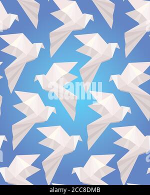 Seamless texture with white origami  doves  on a blue background. Vector background for your creativity Stock Vector