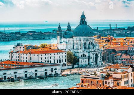 Panoramic view of Venice from the Campanile tower of St. Mark's Cathedral.Temple San Giorgio Maggiore (Chiesa di San Giorgio Maggiore), located on isl Stock Photo
