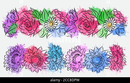 Set of flower brushes with watercolor splashes. Contour drawing. Vector element for your creativity Stock Vector