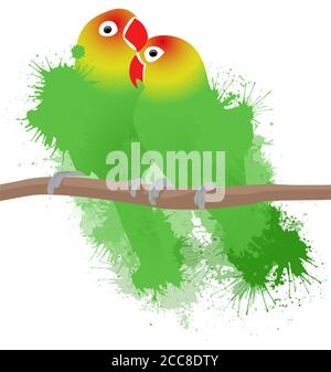 Vector illustration of lovebirds parrots with watercolor splashes. Love. Pair of birds. Stock Vector