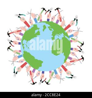 Postcard to the Day of Labour. Planet Earth and working with tools. Happy Labour day Stock Vector