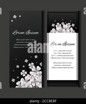Set of flyers with paper sakura flowers on a black background and place for the text. Vertical leaflets, invitations, banners. Elements for your desig Stock Vector