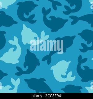 Seamless pattern with silhouettes of dolphins in blue background. Minimalistic design with dolphins for prints and backgrounds. Flat vector Stock Vector