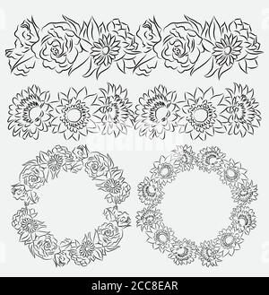 Set of flower brushes and frames. Contour drawing. Vector element for your creativity Stock Vector