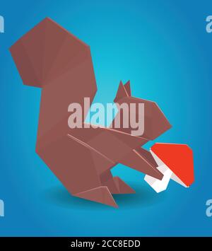 Illustration of a paper origami squirrel with mushroom. Paper Zoo. Vector element for your design Stock Vector