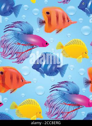 Seamless texture with sea tropical fish and bubbles. Vector bright pattern for wrapping paper, wallpaper and your design Stock Vector