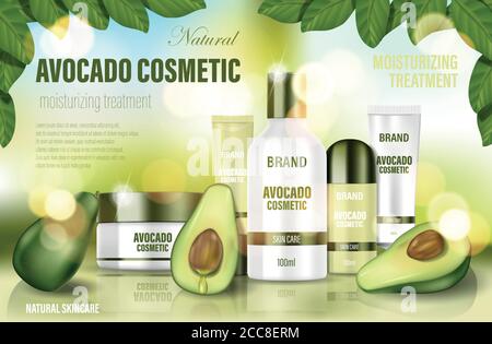Avocado cosmetic poster ad. Realistic face cream, body wash, lotion, deodorant with green Avocado and tree leaves. Natural cosmetic bottle template Stock Vector