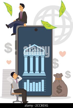 Mobile banking concept of business people using banking app for business online banking. Men standing near big smartphone. Flat cartoon character vect Stock Vector