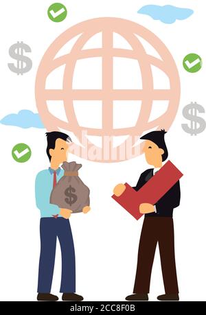 Businessmen trading on international level. International business cooperation and partnership concept. Flat cartoon character vector illustration. Stock Vector